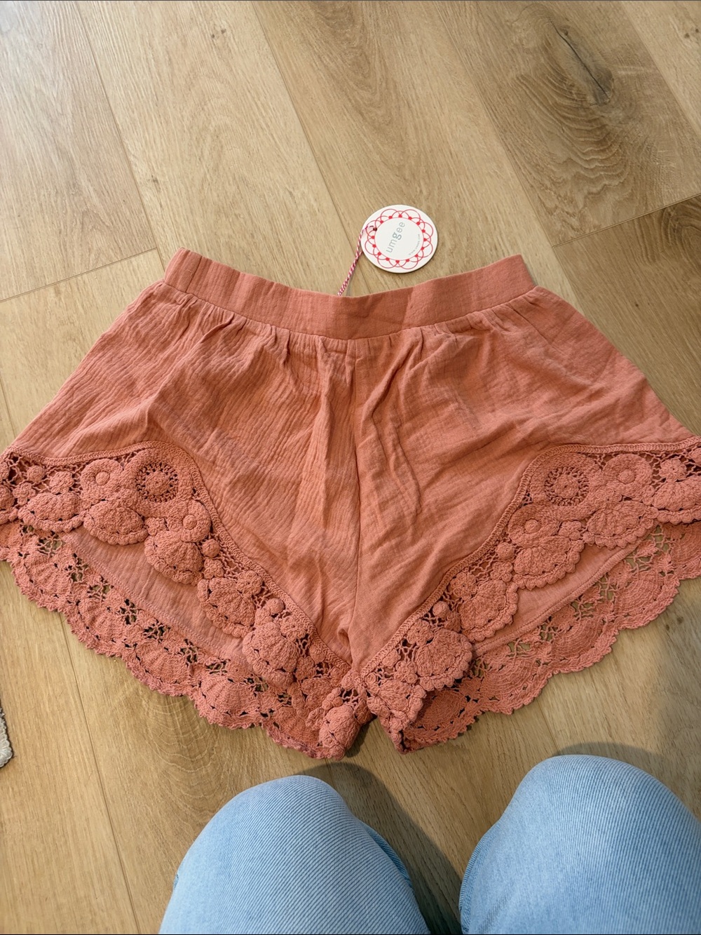 High-Waist Crochet-Trim Shorts in Rust